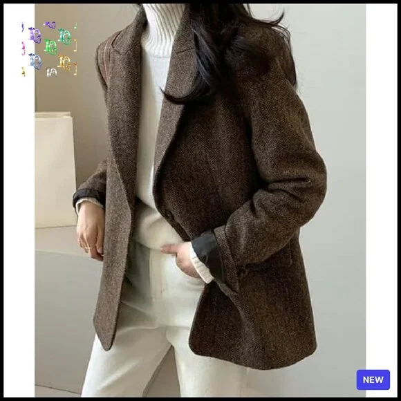 Herringbone Wool Blend Blazer Classic Elegant Work Business Chic Fall Winter - Picture 7 of 8